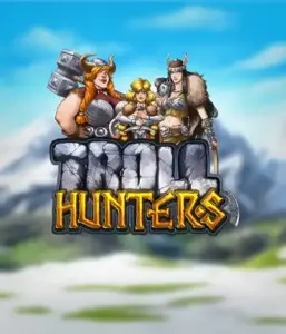 Изображение слота "Troll Hunters" от Play'N Go, на котором представлены три воина-викинга: две женщины и один мужчина, облаченные в традиционные викингские доспехи. За их спинами виднеются заснеженные горы, что добавляет атмосферу скандинавской мифологии. Этот слот идеален для поклонников викингских саг и эпических приключений.